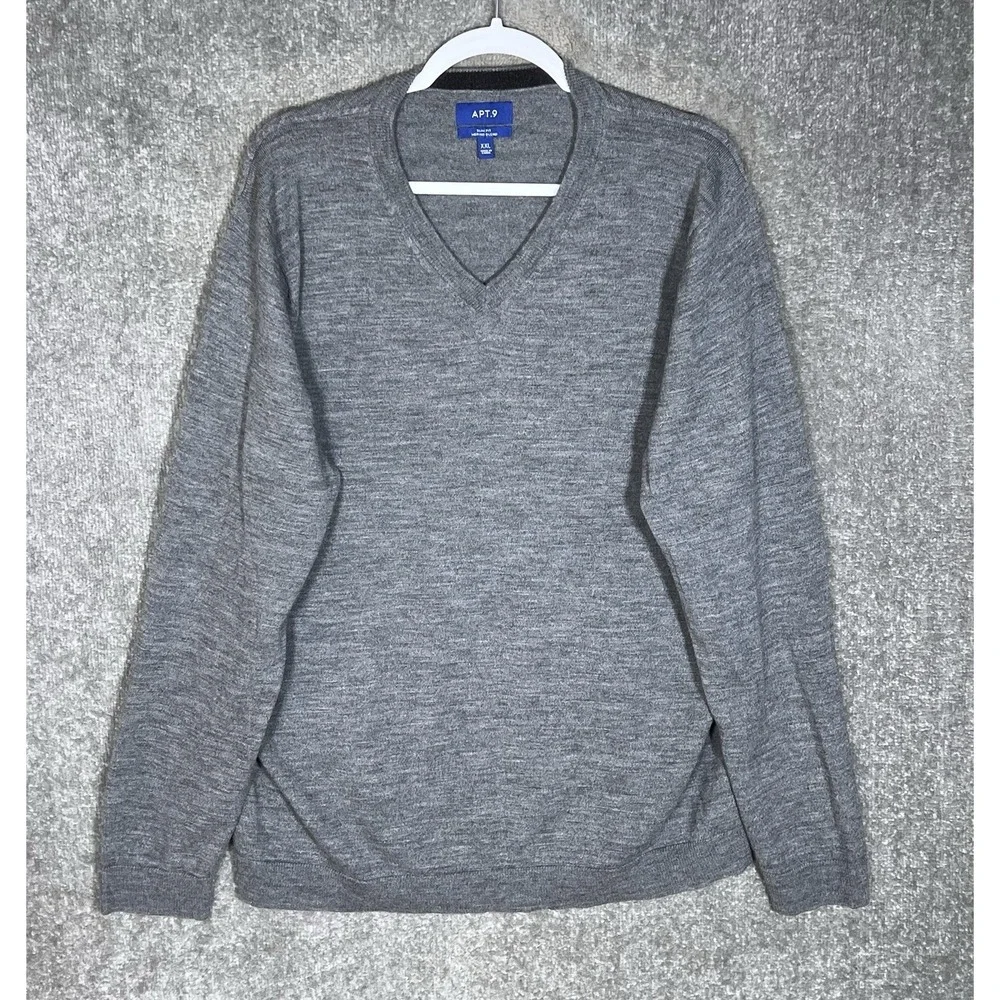 Apt 9 Slim Fit Merino Wool Blend Vneck Sweater Mens Sz XXL Gray Knit Long Sleeve